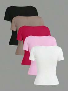 Set de 3 camisetas de punto para mujer, multicolor, camisetas básicas de primavera/verano para mujer, tops ajustados básicos, paquete de tops básicos, tops básicos para mujer, tops de ajuste ceñido, tops básicos, tops de mujer de cuello cuadrado, tops de verano para mujer, tops de manga corta para mujer, tops de verano para mujer, camisetas de mujer - Multicolor 6 - Ver 2