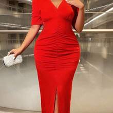 Cravure Plus Size V-Neck Short Sleeve Ruched Fitted Charming & Elegant Split Hem Dress For New Year Clothes Maxi Women Outfit Prom - Rojo - Ver 8