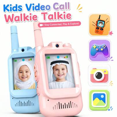Bộ 2 bộ đàm video hai chiều sạc được dành cho trẻ em từ 3-12 tuổi, thích hợp cho các trò chơi trong nhà/ngoài trời, cắm trại, leo núi, dùng được cho cả nam và nữ.