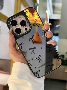 Cute Black Mirror Element Fashion Shockproof Bow Heart Pattern Mirror Shockproof Phone Case, Suitable For IPhone 13/11/17/17 Pro/16/14/15/15 Pro/15 Plus/15 Pro Max/X/Xs Max/Xr/11 Pro/12 Pro/13 Pro/14 Pro/11 Pro Max/12 Pro Max/13 Pro Max/14 Pro Max/14 Plus/17 Pro Max/17 Air, Spring Gift - Multicolor - View 4