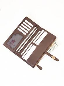 Dompet Panjang Kulit PU Patchwork Baru untuk Wanita, Dompet Lipat Minimalis dengan Slot Kartu dan Penutup Jepret - Chocolate Brown - View 4