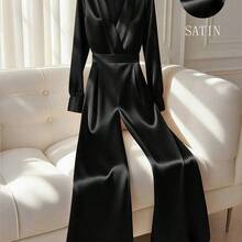 Women's V-Neck Long Sleeve Shiny Fabric Waist Cinched Flared Leg Jumpsuit - Negro - Ver 5