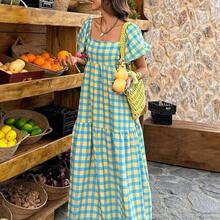 Flora Isola Flora Isola Yellow & Green Plaid Square Neck Puff Sleeve Maxi Dress - Retro Bohemian Style For Vacation, Daily Outings & Casual Wear, Women's Spring & Summer Dress - Multicolor - Ver 3