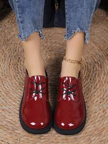 女款復古圓頭瑪麗珍鞋，校園風，百搭舒適，四季皆宜 - 酒紅色 - 查看 5