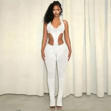 Women's Summer Jumpsuit Sexy Deep V Neck Sheer Panel Bodycon Slim Fit Solid Color Knit Romper For European And American Fashion  Outfit - 白色 - 查看 1