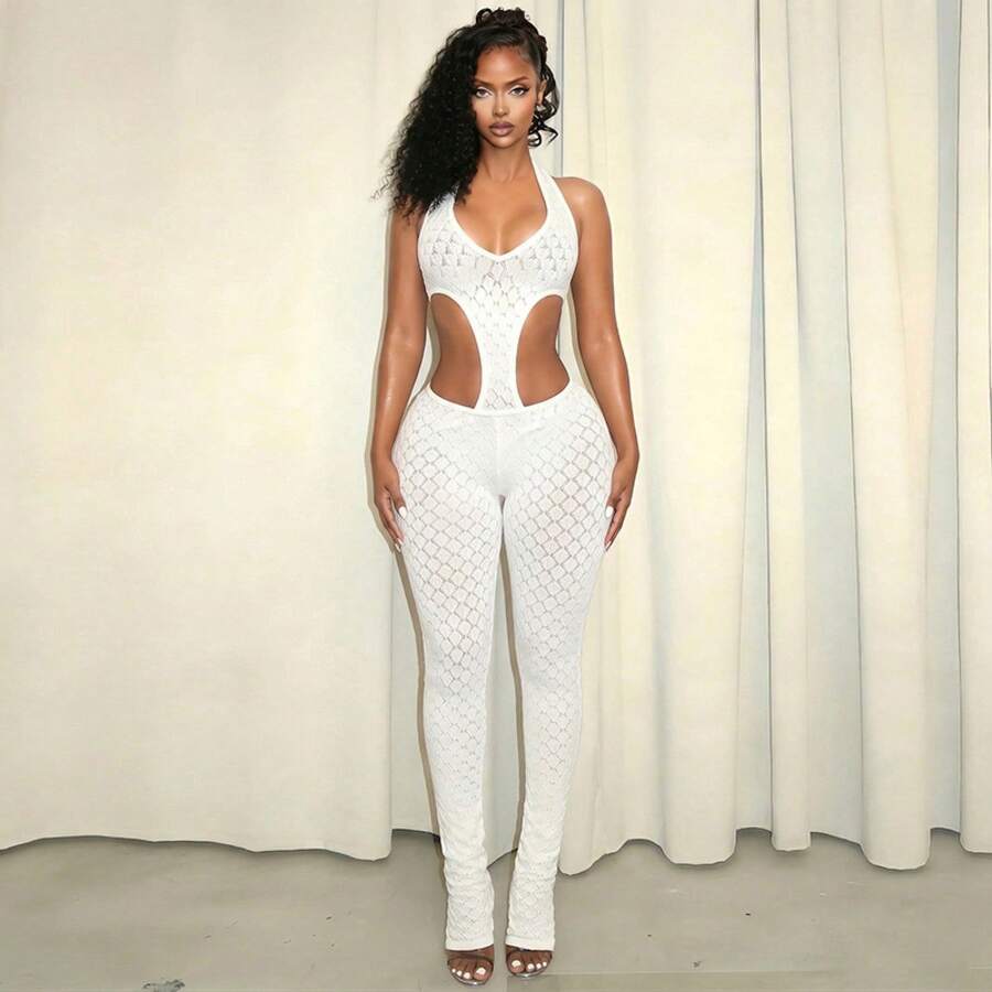 Women's Summer Jumpsuit Sexy Deep V Neck Sheer Panel Bodycon Slim Fit Solid Color Knit Romper For European And American Fashion Outfit - 白色 - 查看 1