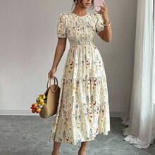 Elenzya Elegant Floral Print Ruched Waist Layered Splice Dress For Women, Suitable For Vacation - Multicolor - Ver 2