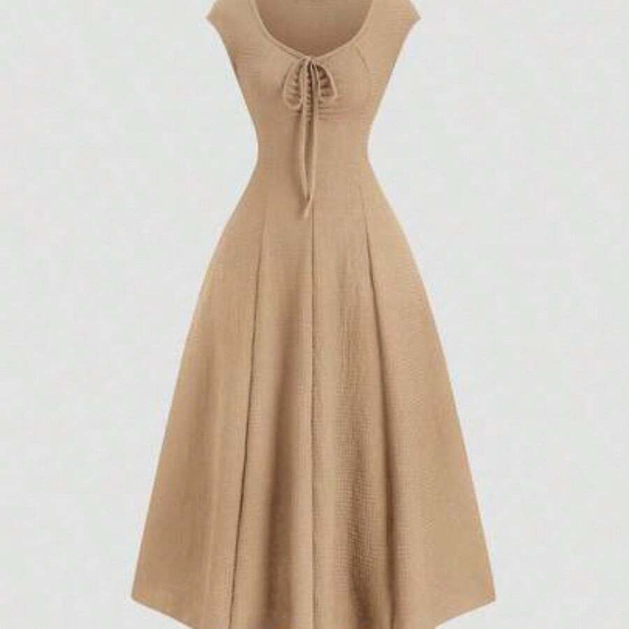 Sweetro Solid Color Waist Tie Fitted Knit Maxi Dress, European And American Style - Camel - Ver 1