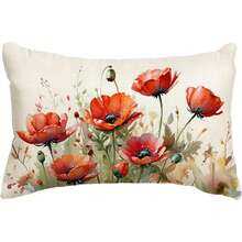 1 pieza Funda de almohada de algodón con decoración de flores en flor, adecuada para porche, patio, decoración de cabaña en primavera y verano, inserto de almohada no incluido (rojo de un solo lado) - Multicolor - Ver 5