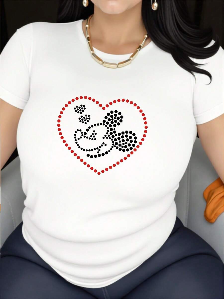 Casual Crew Neck T-Shirt With Heart-Shaped Mouse Print - Women's Y2K Style Short Sleeve T-Shirt, Comfortable For All Seasons, Machine Washable, Fashionable Outfit Made Of High-Quality Fabric [1]-Unisex Cotton Loose Fit Short Sleeve Crew Neck Urban Vintage Style T-Shirt - 白色 - 查看 1