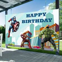 1pcs A Vengers Happy Birthday Backdrop Banner, C Aptain America Iron Man H Ulk Superhero Theme Party Decorations For Photo Booth, City Skyline Photography Background, Cake Table Decor, Outdoor Indoor Celebration Wall Banner, Backyard Party Photo Prop Supplies, School Event Poster Decor, Bedroom Wall Hanging Art - 多色-A - 查看 2