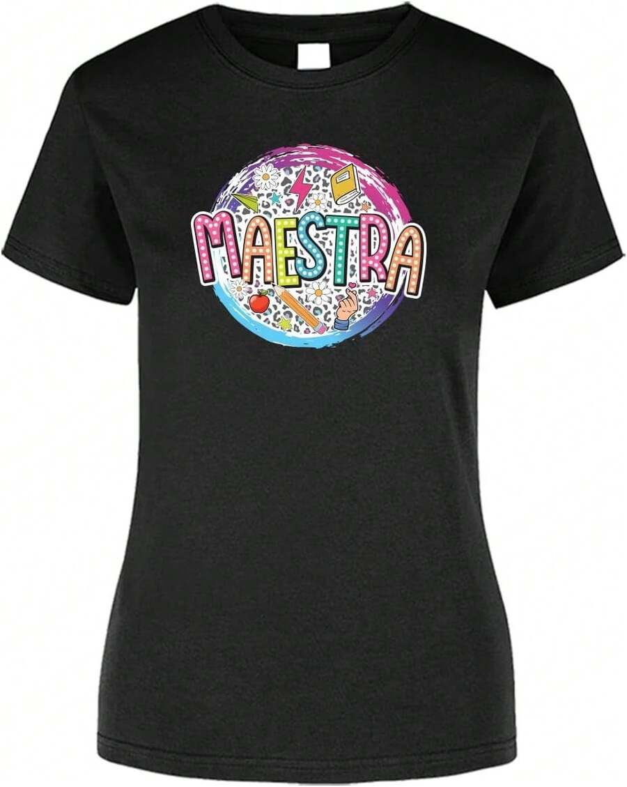 Genérico Playera de Mujer 1 Pza con Estampado para Maestras Estilo Retro |   Día del Maestro |   Playera 100% Algodón y Manga Cortashort-sleeve T-shirt / short-sleeve tee - Negro - Ver 1