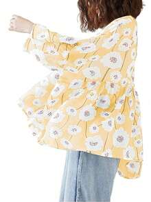 Áo kiểu nữ cổ chữ V tay cánh dơi in hoa, kiểu dáng rộng rãi thoải mái bằng chiffon, thích hợp cho kỳ nghỉ. - Vàng nhạt - Xem 4