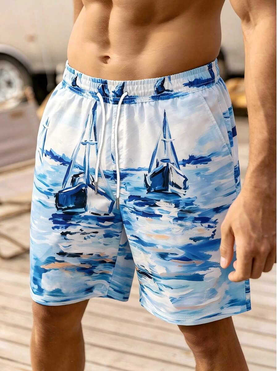 Quần short đi biển nam dáng rộng có dây rút ở eo, quần bơi mùa hè. - Màu xanh nhạt - Xem 1