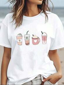 1 pieza de camiseta casual de verano para mujer con estampado de taza de café, cuello redondo, manga corta, corte regular, tejido de punto, ligeramente elástica - Camisetas con estampado de letras. - Negro - Ver 1