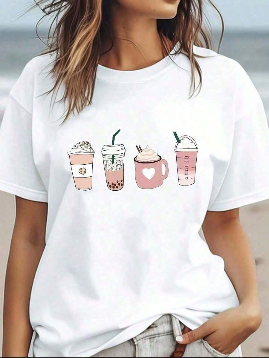 1 pieza de camiseta casual de verano para mujer con estampado de taza de café, cuello redondo, manga corta, corte regular, tejido de punto, ligeramente elástica - Camisetas con estampado de letras. - Negro - Ver 1