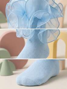 1 Pair Girls Ruffle Trim Frilly Socks, Princess Baby Socks - Baby Blue - View 3
