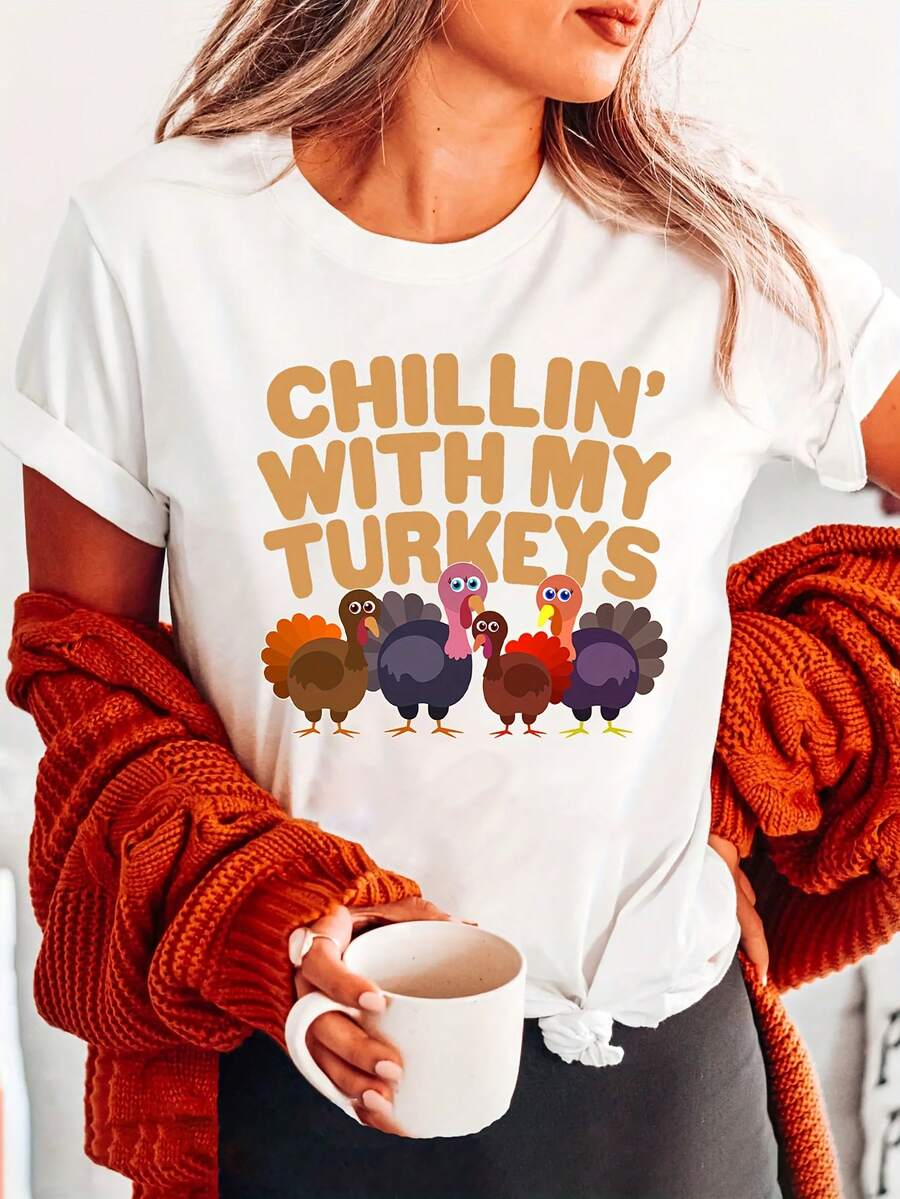 Camiseta con estampado de Día de Acción de Gracias, Top casual de manga corta y cuello redondo para verano y primavera, Ropa de mujer - Blanco - Ver 1