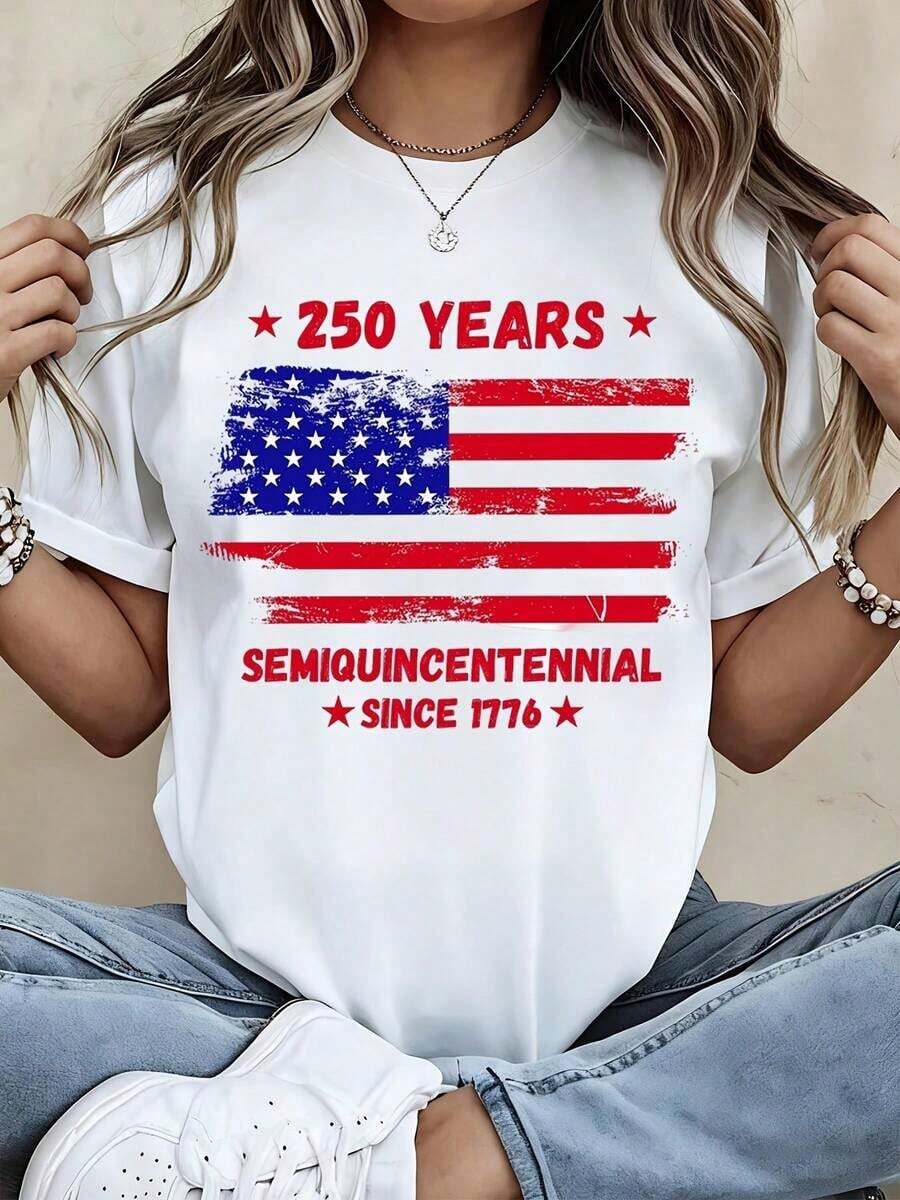 1 Piece Women's Crew Neck T-Shirt With American Flag Print, 250 Years Of Semi-Quincecentennial Since 1776, Short Sleeve, Casual Summer Style For Independence Day Celebration, 180g 100% Cotton. - 白色 - 查看 1