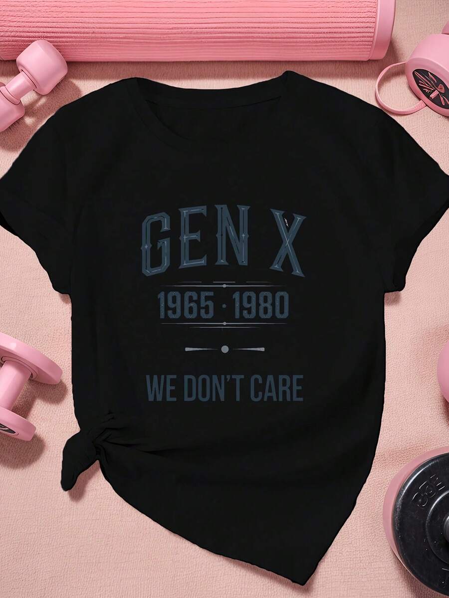 Camiseta Gráfica Retro Vintage Unisex Talla Grande GEN X 1965-1980 We Don't Care, Manga Corta, Casual, para Entrenamiento, Negra con Estampado Geométrico Blanco/Azul, Transpirable, Cuello Redondo, Camiseta para el Día de la Madre, la Mejor Mamá del Mundo, Regalo Gráfico - Negro - Ver 1