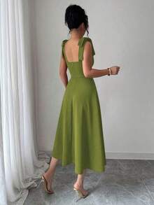 elegante y romántico para mujer con lazo decorativo en la cintura y corte evasé sin mangas - Verde militar - Ver 2