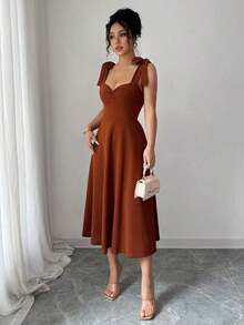 elegante y romántico para mujer con lazo decorativo en la cintura y corte evasé sin mangas - Cafetería - Ver 5