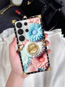 1個彩色花卉平面圖案長方形手機殼，適用於三星 Galaxy S26 Ultra/S26/S26 Plus/S25FE/S25Ultra/S25+/S25/S24 Plus/S24/S24U/S23 Ultra/S22ULTRA/A57 5G/A56 5G/A37 5G/A36/A17/A16 以及蘋果 17proamx/17/16 Promax/16/15PRO Max/15/14 Plus/15plus/14 Pro Max/13promax 機型。[國際版，非國內版] - 多色+[鏡面指環支架] - 查看 3