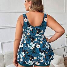 Swim Lushore Plus Size Women Summer Beach Tropical Plant Print Drawstring Bust Halter Bikini Dress - Café integral - Ver 3