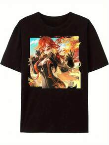 Unisex T-Shirt Made Of Pure Cotton, 2026 New Model 1 Piece Mavuika Men's Anime Graphic T-Shirt - Black  Retro Casual Trim Neck Short Sleeve Top With Vibrant Character Art Design, Machine Washable For Daily Wear Clothing, Summer T-Shirt, Blouse, Basic Tops, Tops, Creative Design, Outdoor Play, Cool Style, Fun Design, Great For Outdoor Play, Creative Design, Outdoor Play, Cool Style, Fun Design, Great For Outdoor Play - Black - View 1