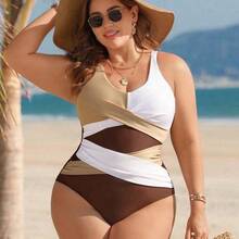 Swim Lushoire Elegant Plus Size Colorblock High Waist Swimsuit Sleeveless Plunge Neck Design - Multicolor - Ver 5
