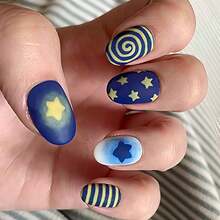 24pcs Cute Star Spiral Striped Galaxy Short Matte Oval Press-On Fake Nails - Blue - View 7