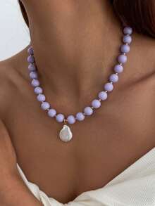 1pc Bohemian Style Geometric Colorful Acrylic Beaded Asymmetric Baroque Faux Pearl Pendant Charm Jewelry Necklace, Luxurious & Elegant, For Wedding, Banquet, Vacation, Party, Daily Casual, Street Style, Women, Couples, Holiday, Birthday, Versatile Necklace Gift - Necklace - View 17