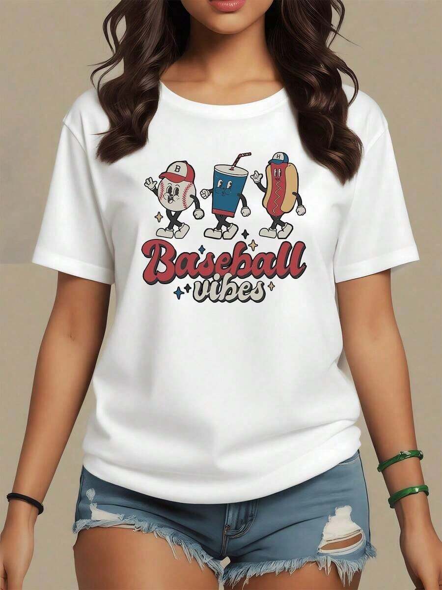 Gráfico alegre con pelota de béisbol refresco y hot dog celebrando momentos festivos de unión como en familia camiseta para mujer 100% algodón suave cómoda para Navidad,maija mujer. - Blanco - Ver 1