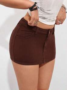 Falda vaquera mini casual, sexy y ceñida de moda para el verano para mujeres - Marrón - Ver 5