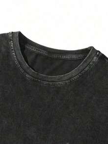 Women's Short-Sleeved Washed Cotton T-Shirt With Round Neck And Minimalist Print, Pretty T-Shirt, Washed T-Shirt, Wrinkle-Resistant Cotton T-Shirt. - 黑色 - 查看 4
