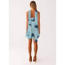 Vestido corto de verano para mujer con estampado elegante y cuello envolvente estilo mini moda  y  caliente - Azul - Ver 4