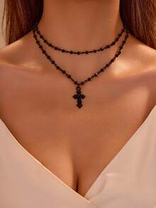 2pcs Gothic Style Cross Pendant Necklaces, Punk Dark Multi-Layer Necklace Accessories - Black - View 6