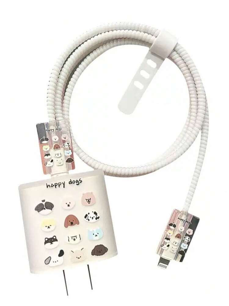 5个装TPU数据线防弯折充电器保护套，透明快乐小狗图案，适用于 20W - 開心狗狗 - 查看 5