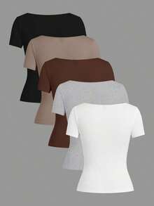 Set de 3 camisetas de punto para mujer, multicolor, camisetas básicas de primavera/verano para mujer, tops ajustados básicos, paquete de tops básicos, tops básicos para mujer, tops de ajuste ceñido, tops básicos, tops de mujer de cuello cuadrado, tops de verano para mujer, tops de manga corta para mujer, tops de verano para mujer, camisetas de mujer - Multicolor 5 - Ver 2
