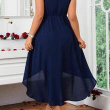 Cravure Plus Size Women Contrast Lace Round Neck Sleeveless High-Low Hem Elegant Dress - Negro - Ver 3