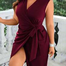 Cravure Burgundy Red Plus Size Solid Color Pleated Wrap Dress With Knot Detail Wedding - Verde - Ver 5