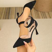 Elegant Black Velvet Strap Pointed Toe Stiletto Heels, Visually Elongating Legs - Black - View 1