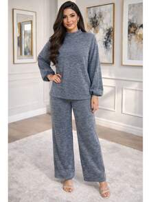 Women's Set: Long-Sleeved High-Neck Blouse And High-Waisted Wide-Leg Pants In Knit Fabric, Winter/Cold Weather Knit, Suitable For Holidays. - 淺灰色 - 查看 10