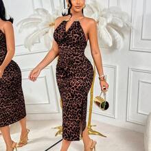 Amarilo Sexy Leopard Print Sleeveless Collared Dress With Metal Collar Ring - Fitted Women's Fashion Party, Vacation, And Everyday Dress - Negro - Ver 4