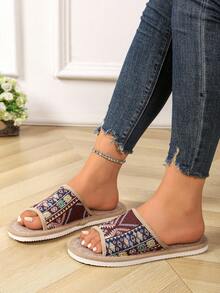 Retro Bohemian Style Women's House Slippers, Summer Indoor Linen Non-Slip Thick Sole Home Linen Slippers - Red - View 4