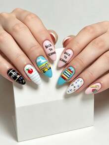 24pcs Book Pattern Short Nail Stickers, Apple Design Nail Art Decals, Waterdrop Shaped Nail Wraps, Convenient For Daily, Party, Travel, Manicure - Multicolor - View 3