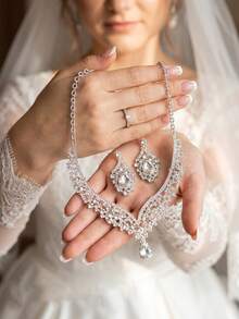 3pcs Silver Bridal Necklace & Earrings Jewelry Set, Elegant Wedding Party Accessories - Silver - View 6