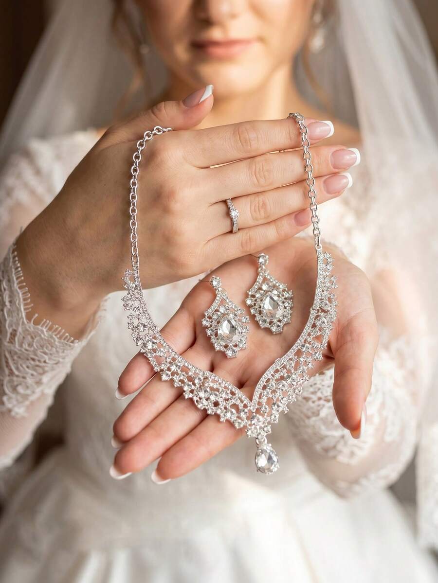 3件套银色新娘项链耳环首饰套装，优雅婚礼派对配饰