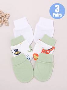 3 Pairs 0-6 Months Baby Anti-Scratch Mittens, Soft & Skin-Friendly Solid Color & Printed Newborn Gloves, Suitable For All Seasons - 3pairs - View 12