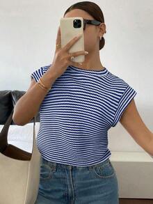 Camiseta casual de mujer con estampado de lunares, verano - Azul y blanco - Ver 6